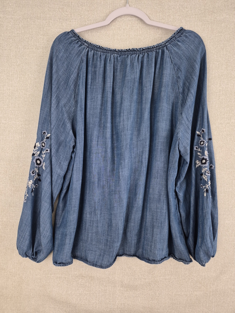 LC Lauren Conrad Blue Chambray Embroidered Tassel Peasant Blouse Size L SKU 0210 - Picture 12 of 12